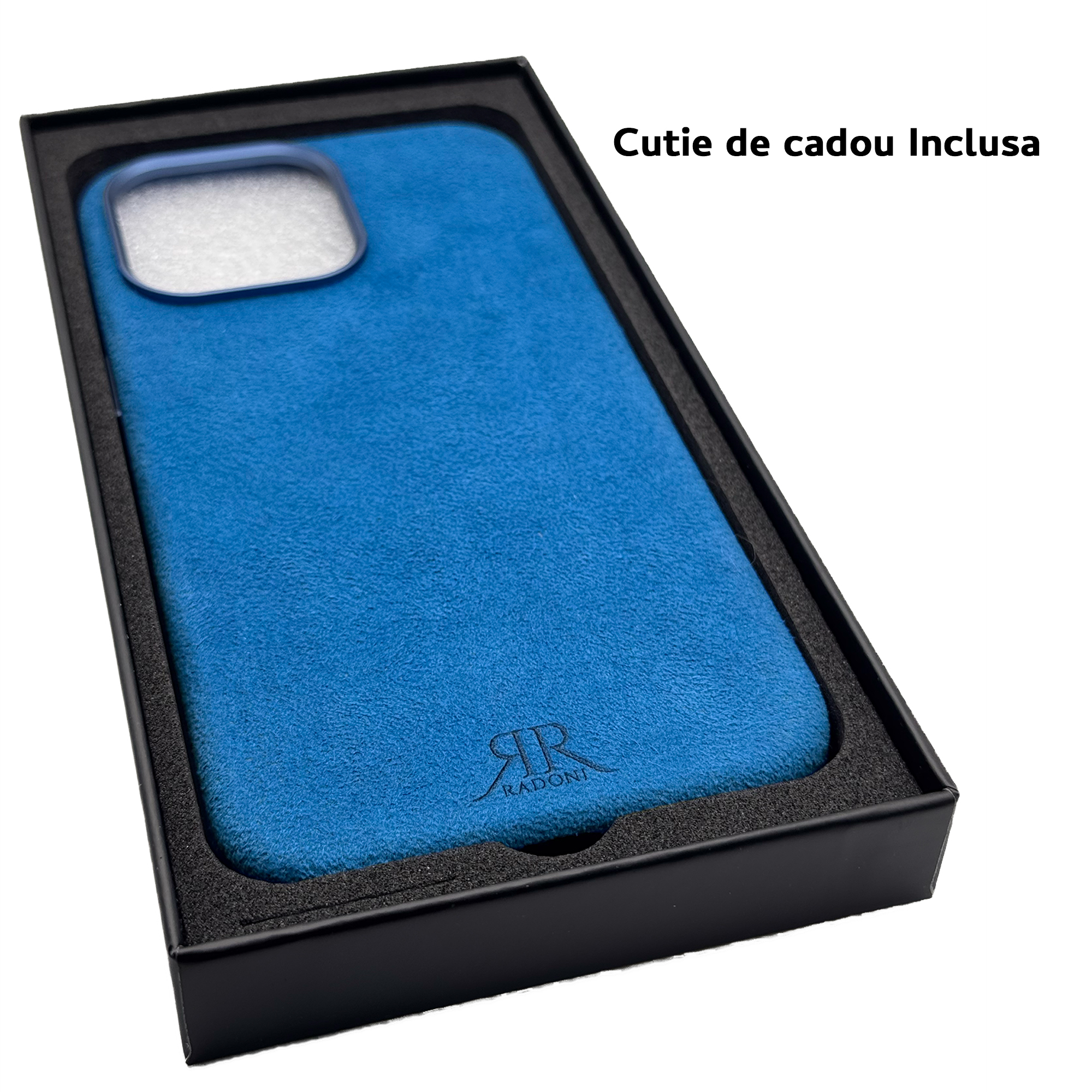 Husa Midnight Blue Iphone Alcantara HD Radoni iphone 14.15, 16 pro max si pro Interior cutie