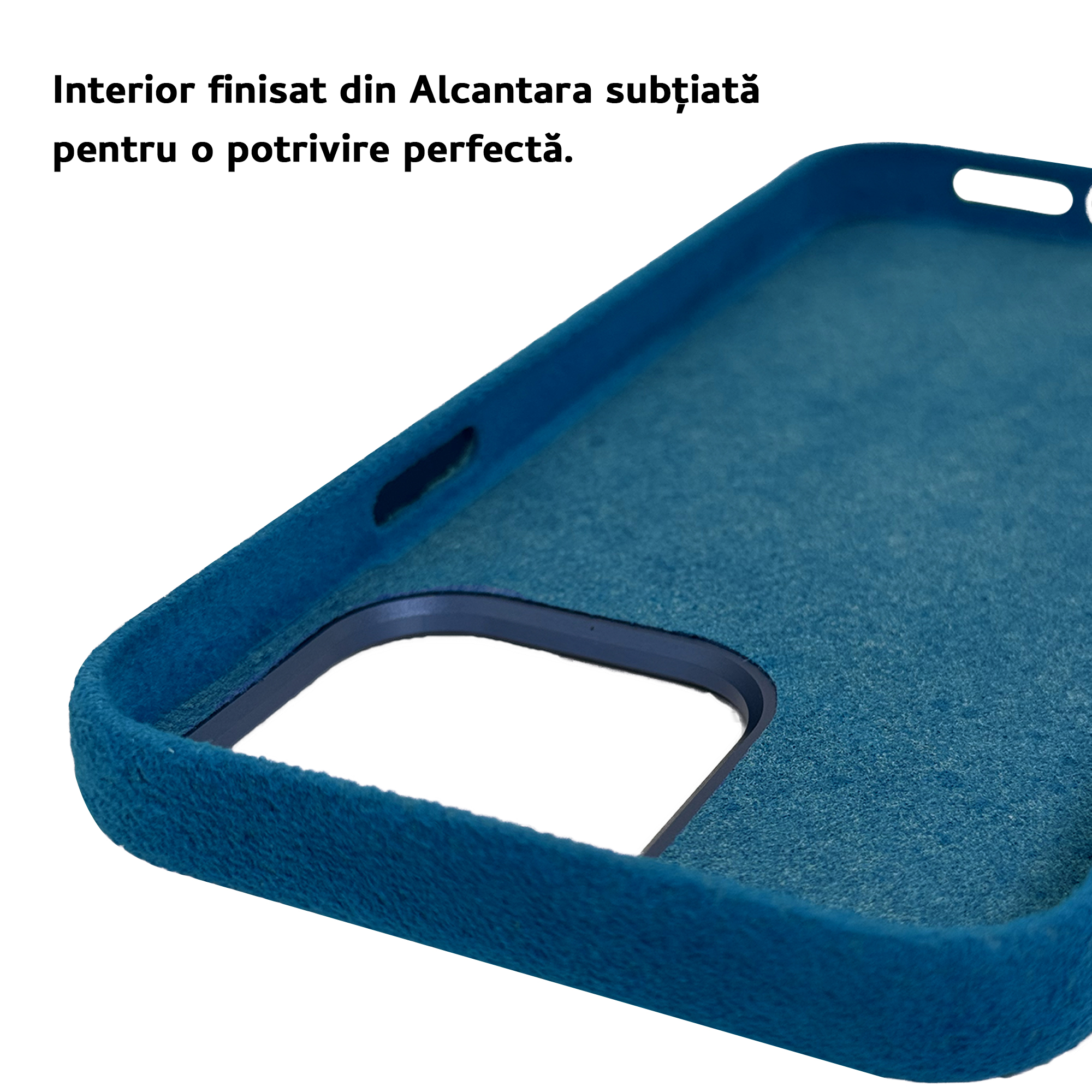 Husa Midnight Blue Iphone Alcantara HD Radoni iphone 14.15, 16 pro max si pro interior